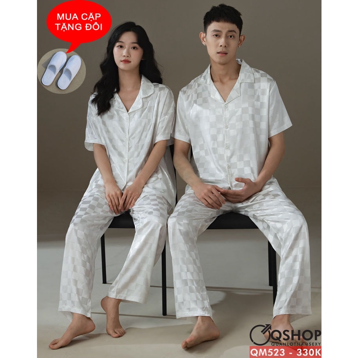 Bộ đồ pijama cặp đôi nam nữ lụa gấm quần dài tay ngắn QSHOP QM523