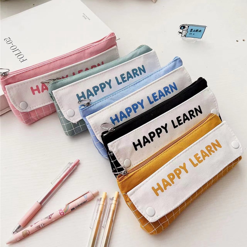 Túi Đựng Bút Bằng Vải Canvas Hai Lớp Họa Tiết Kẻ Ô Đơn Giản Sáng Tạo Ốp