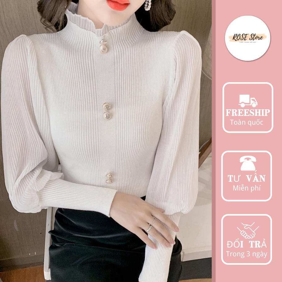 Áo len tay phồng cổ phối ren-ROSE STORE