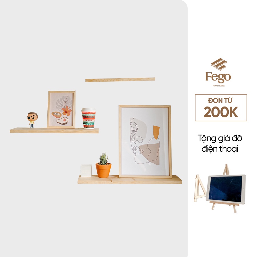 Kệ Thanh Ngang Treo Tường Kết Cấu Giấu Chân 50x15cm/ Kệ gỗ chống ẩm gắn tường decor trang trí nhà cửa FEGO