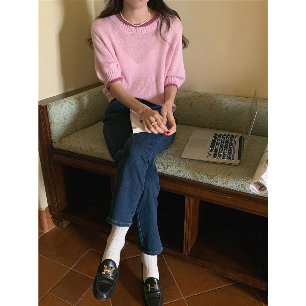 Áo Sweater Mỏng Cổ Tròn Ngắn Tay Thời Trang Sành Điệu 60675
