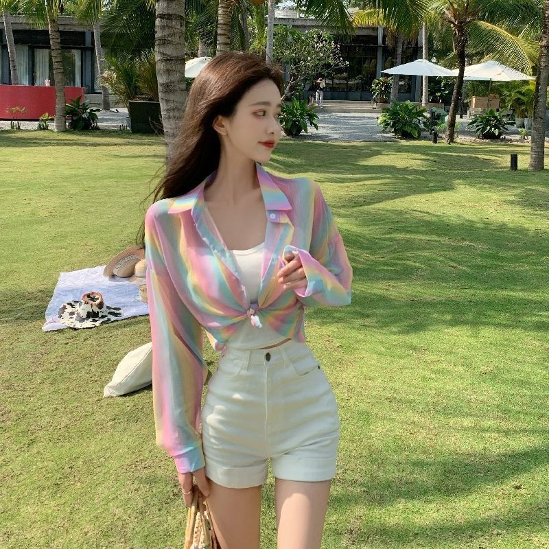 Áo Sơ Mi Ngắn Kẻ Sọc Màu Sắc Thời Trang Mùa Hè Hàn Quốc Cho Nữ