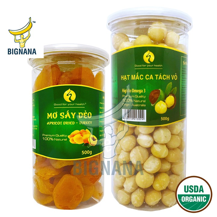 Combo Mơ Khô Sấy Dẻo Thổ Nhĩ Kỳ 500gr, Nhân Macca Úc Đã Tách Vỏ Hộp 500gr, Hạt Mắc Ca Bảo Vệ Tim Mạch