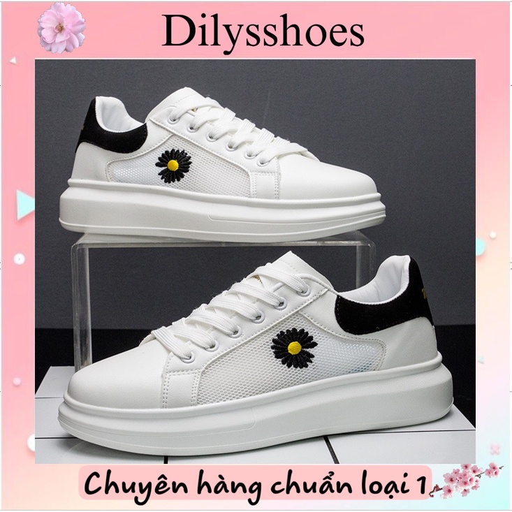Giày Thể Thao Giày Nneaker Gót Đen Thêu Hoa Cúc Viền Lưới Thoáng Khí Độn Đế Phong Cách Hàn Quốc