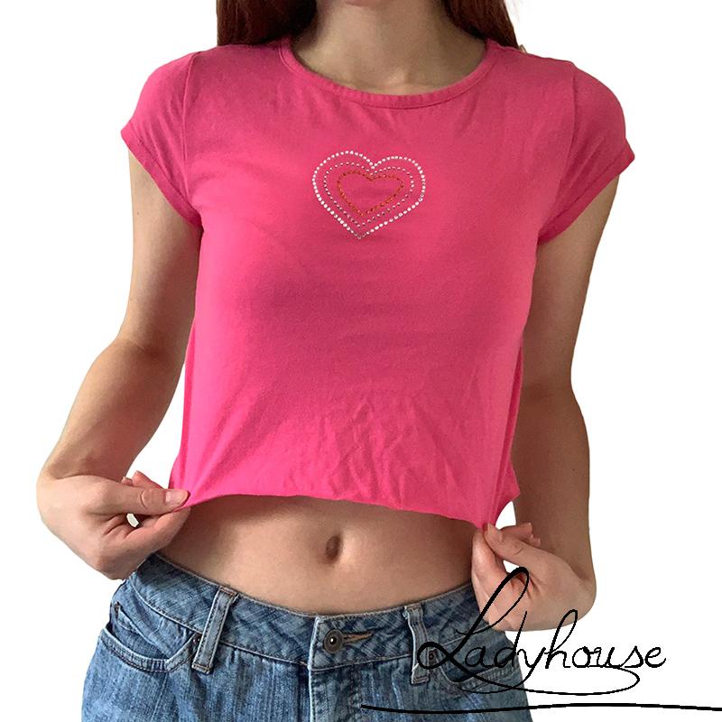 Áo Thun Croptop Cổ Tròn Họa Tiết Trái Tim Đính Đá Xinh Xắn Cho Nữ
