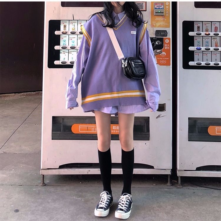 Áo Sweater Dệt Kim Không Tay Cổ Chữ V Thêu Chữ Dáng Rộng Phong Cách Hàn Quốc Cho Nữ Sinh