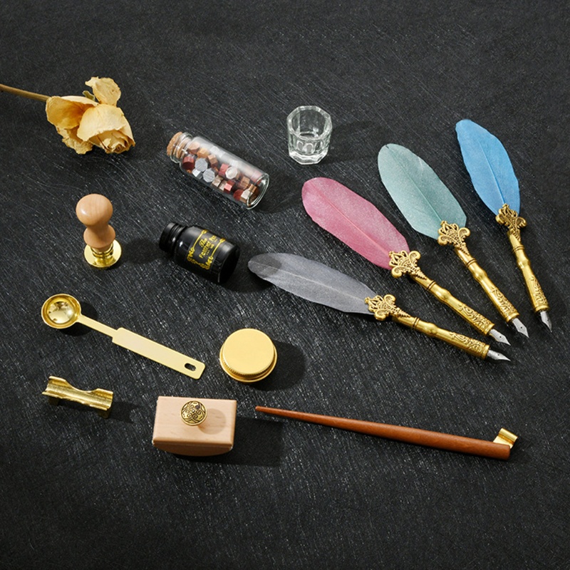 Hộp Đựng Bút Thư Pháp Hình Lông Vũ Cổ Điển Kèm Ngòi Sáp Và Giá Đỡ Con Dấu Niêm Phong Dành Cho Trường Học