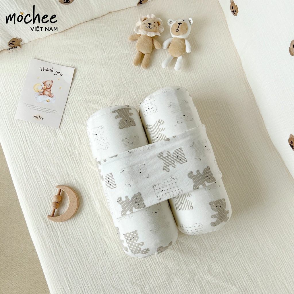 Gối chặn cao su non Mochee cho bé sơ sinh, bộ gối vỏ Cotton cho trẻ sơ sinh - Monnie Kids