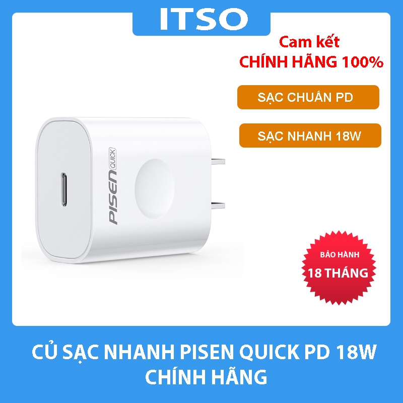 Củ Sạc nhanh PISEN Quick Type-C Wall Charger PD 18W CHÍNH HÃNG - Bảo hành 18 tháng