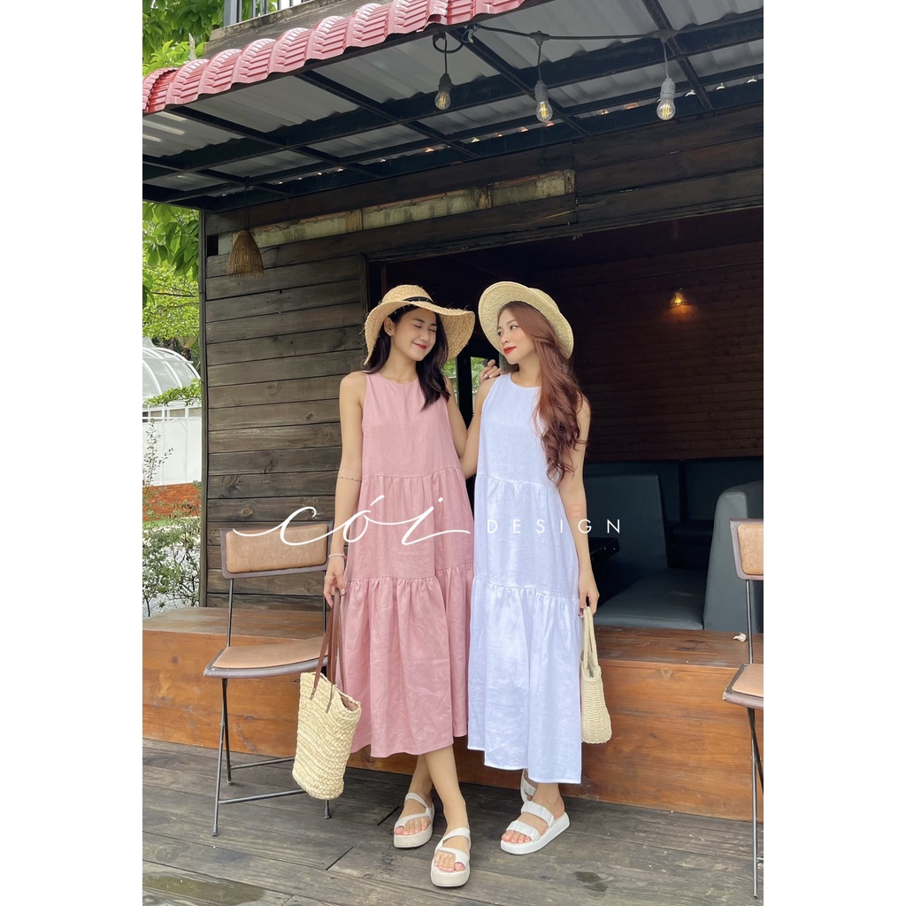 Đầm linen sát nách trơn tầng Cói Design