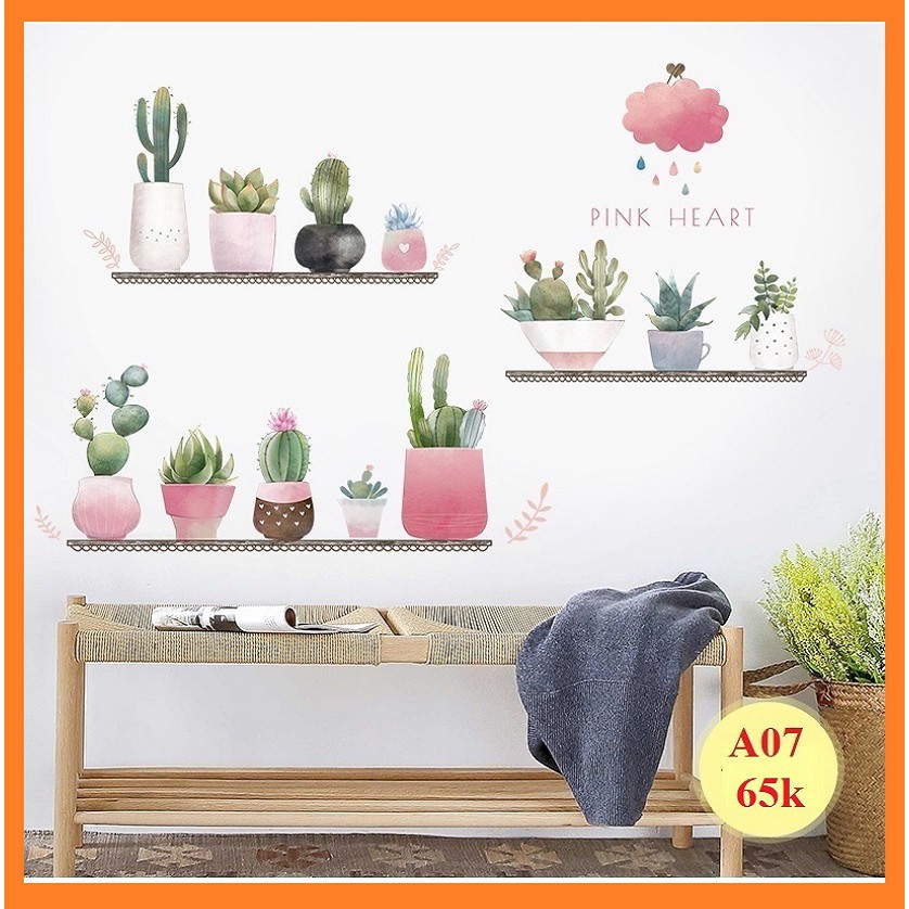 Decal dán tường chậu cây xương rồng A07 - Decal dán tường Hàn Quốc