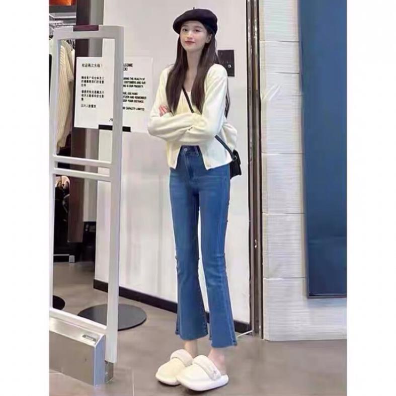 Quần bò jean nữ ống loe đứng rộng suông co giãn jeans cạp cao cao cấp Hottrend 2022