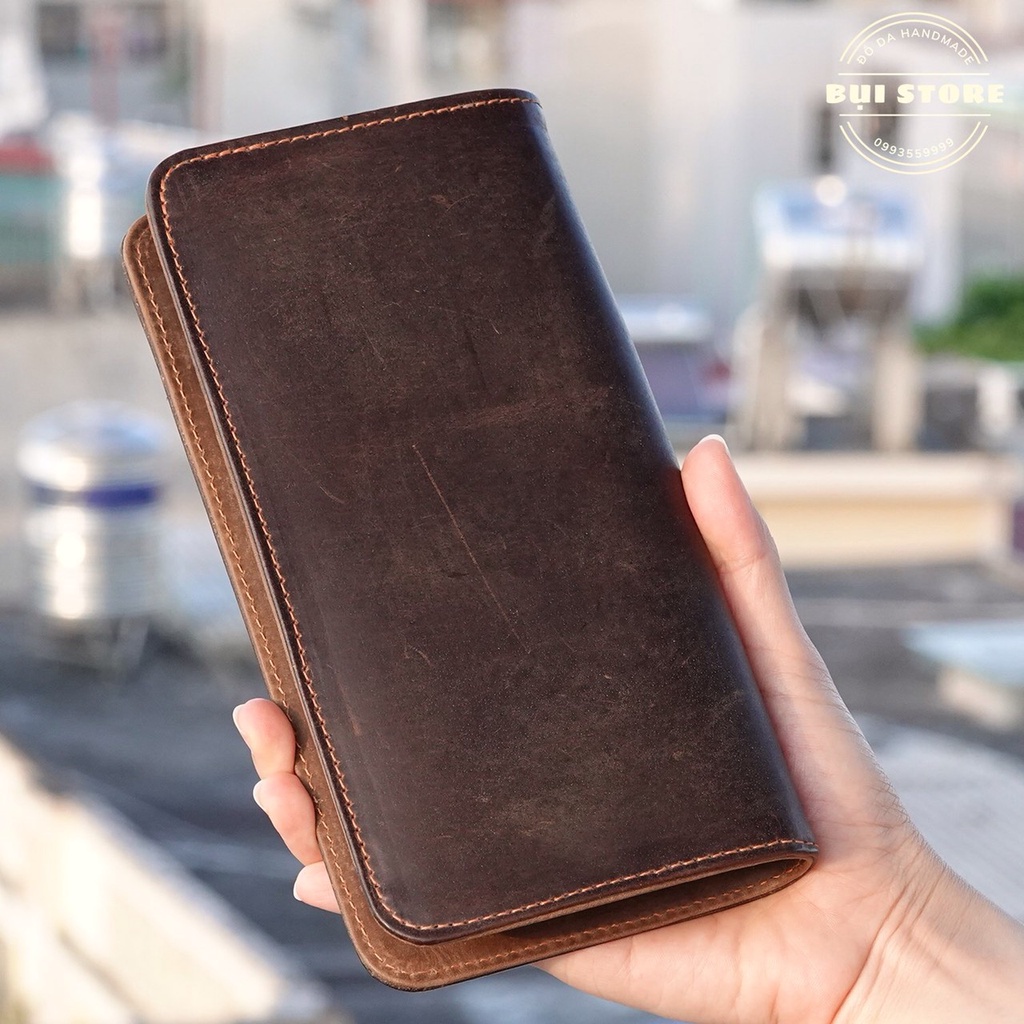 Clutch cầm tay, Ví da cầm tay da bò sáp 100% da thật Handmade khâu tay