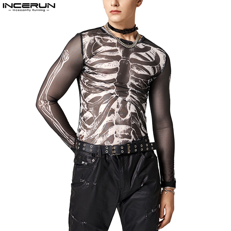 INCERUN Áo Thun Tay Dài Cổ Tròn Xuyên Thấu Phong Cách Punk Halloween Cho Nam