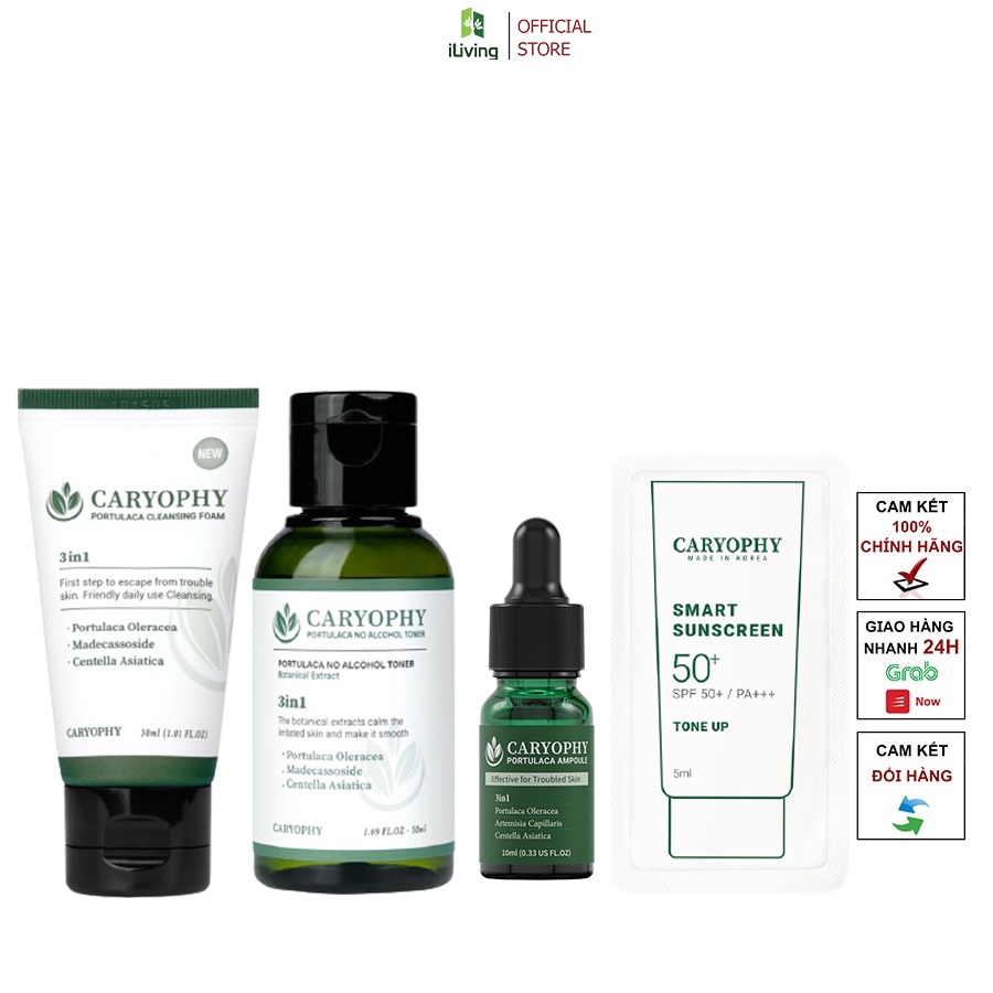 Combo dưỡng da giảm mụn, mờ thâm Caryophy ( Sữa rửa mặt 30ml + Toner 50ml + Serum 10ml + Kem chống nắng 5ml) ILIVING-CAR