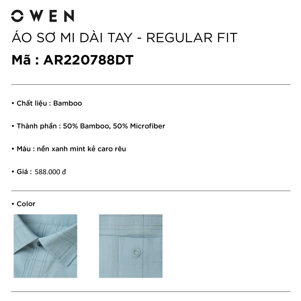 Áo Sơ Mi Nam Dài Tay OWEN AR220788DT Somi Công Sở Vải Sợi Tre Cao Cấp Nền xanh mint kẻ caro rêu Dáng Regular Fit Tà Lượn