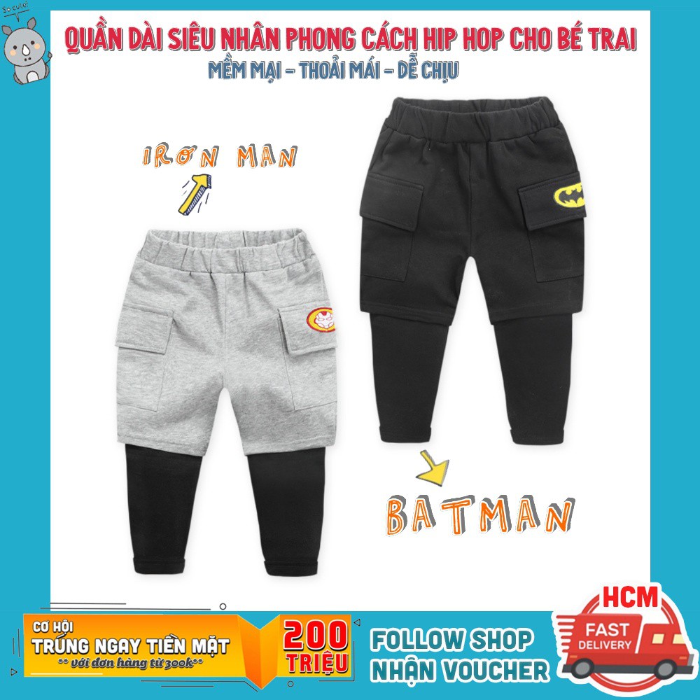 Quần thun dài quần bò lưng thun cho bé trai in hình siêu nhân phong cách hip hop năng động cá tính