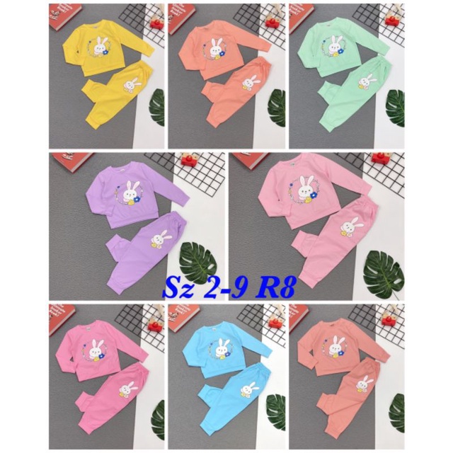 Bộ ngủ tay dài mùa mưa thu đông thun cotton 4 chiều in thỏ dễ thương 8-24kg