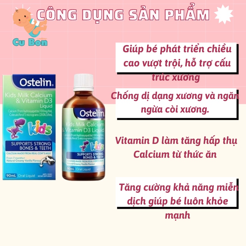 CANXI VÀ D3 Khủng Long Dạng Nước cho bé Ostelin Kids Milk Calcium và Vitamin D3 liquid 90ml cho bé từ 7 tháng tuổi
