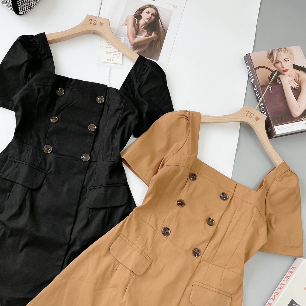 Váy kaki cổ vuông tay bồng vạt chéo tôn dáng xinh lắm cực hot nữ V170 | BigBuy360 - bigbuy360.vn