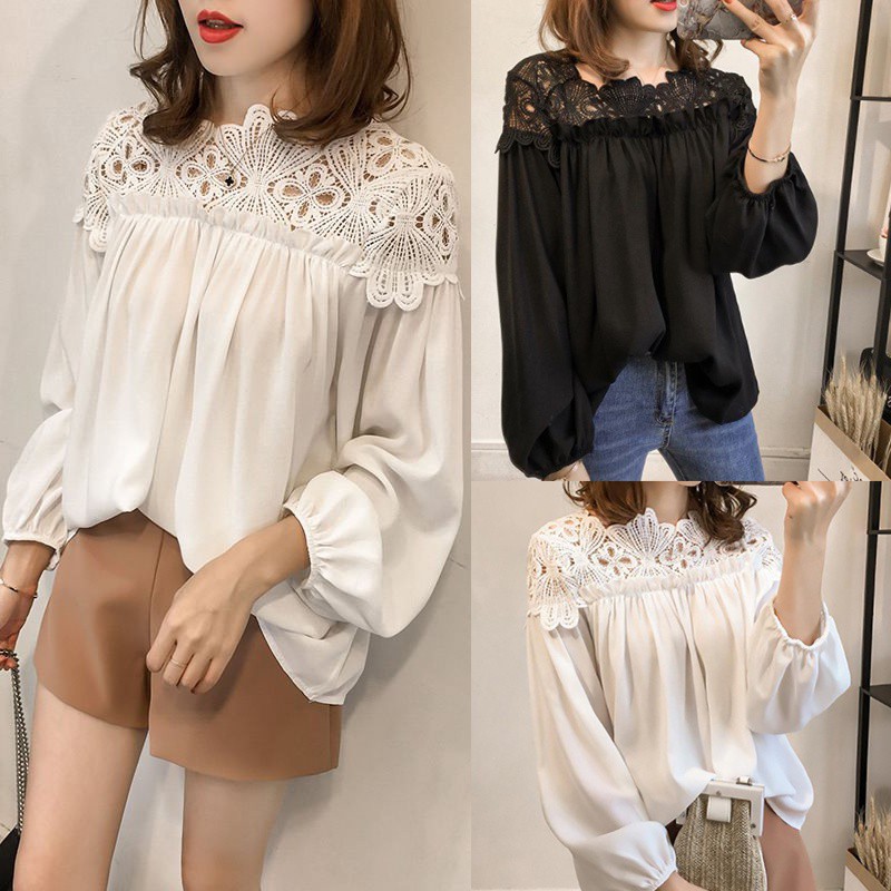 Áo Chiffon Nữ Tay Dài Phối Ren Điệu Đà Có Size 3XL 4XL