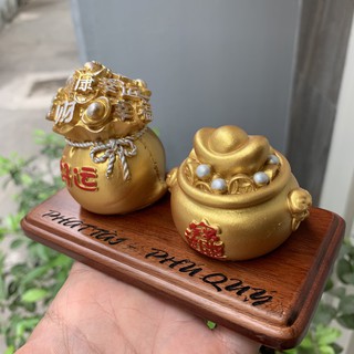 [Chiêu cầu tài lộc - may mắn] Combo 2 tượng phong thủy túi tiền chiêu cầu tài lộc phát - Đế gỗ tự nhiên - chiều Cao 7cm