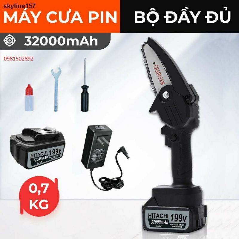 Máy cưa xích cầm tay mini Hitachl 199V - Máy cưa gỗ tỉa cành -máy 2 pin- Lõi đồng 100%