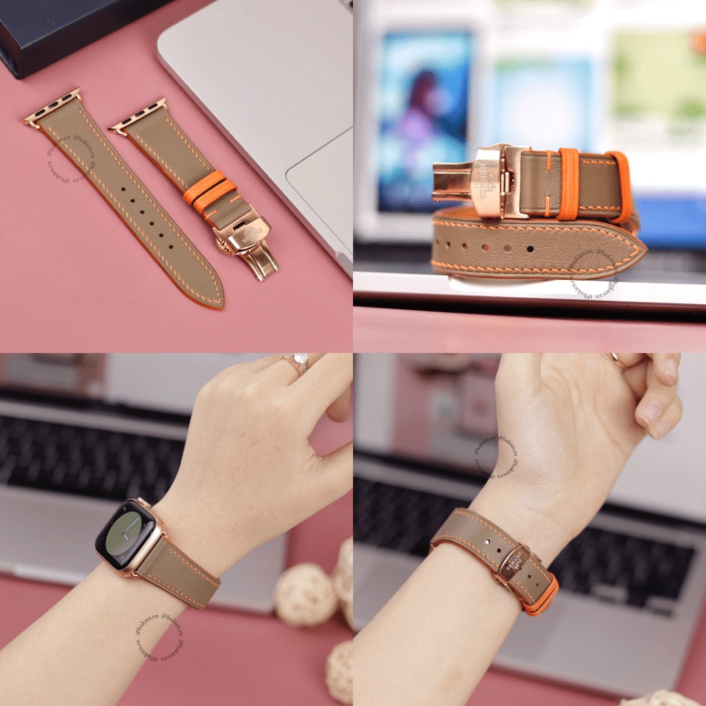 Dây Da Handmade [DA THẬT, BẢO HÀNH 1 NĂM] Swift Nâu Tây Chỉ Cam  cho Apple Watch Seris 1/2/3/4/5/6/7