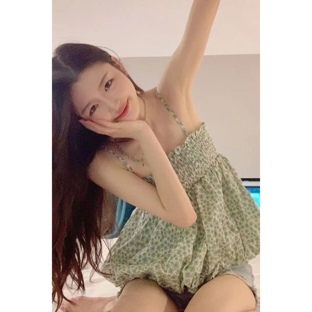 Korean sweet foreign style age reducing French broken flower fluffy doll small suspender vest for women's elastic off sh