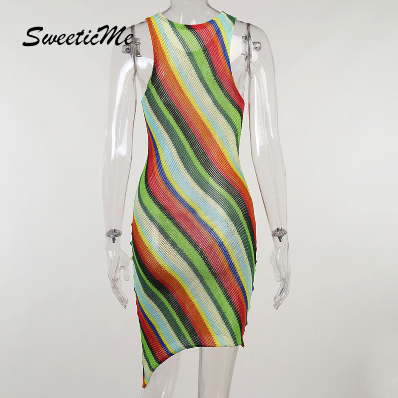 Đầm SweeticMe dáng ôm không tay cổ tròn in sọc mới thời trang 2021 cho nữ | BigBuy360 - bigbuy360.vn