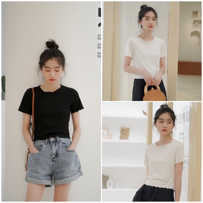 Áo Croptop Cuốn Biên Cổ Tròn Tay Ngắn (ẢNH THẬT)
