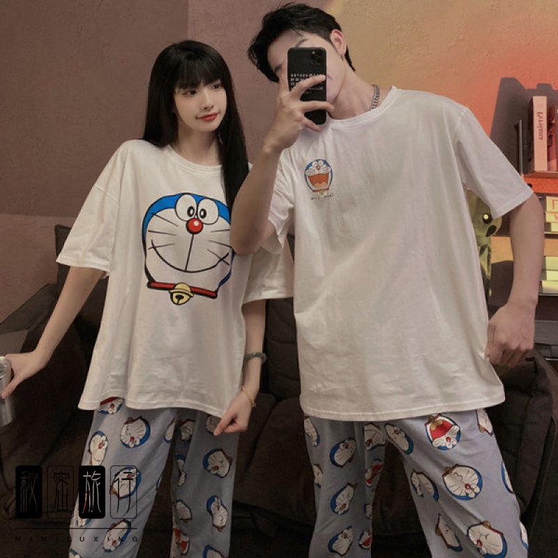 Bộ Đồ Ngủ Ngắn Tay Vải Cotton Màu Trơn In Hoạt Hình Doraemon Thời Trang Mùa Hè Cho Nam Và Nữ