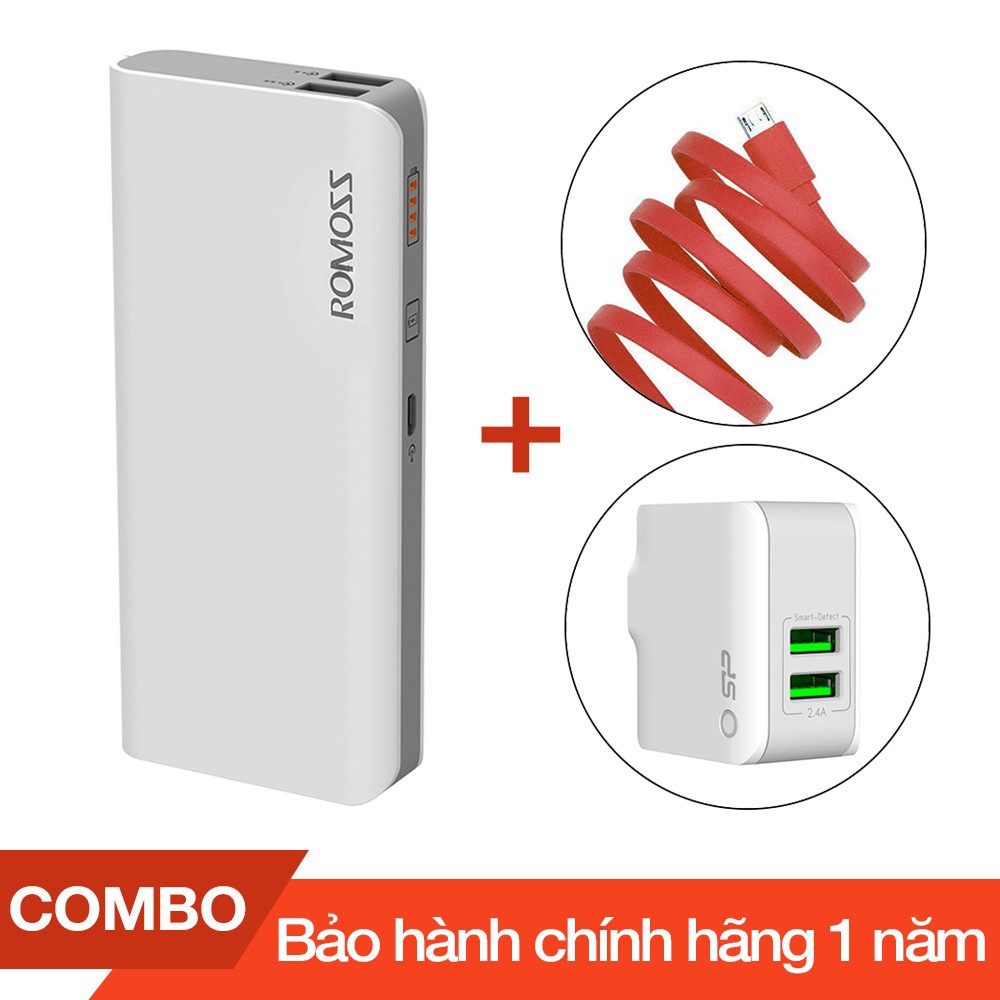 Combo Pin sạc dự phòng 10000mAh Solit 5 Romoss + Cáp sạc micro USB dài 1m + Cốc sạc 2 cổng USB 2.4A max - Chính hãng