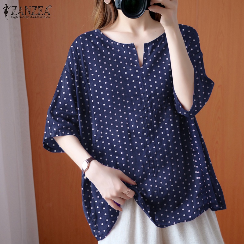 Áo ZANZEA cổ tròn ngắn tay phối xẻ ở cổ dáng rộng họa tiết chấm bi thời trang cho nữ