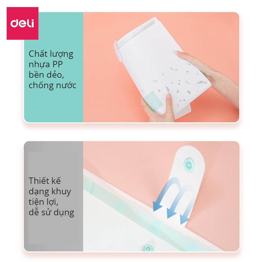 [Mã LIFEBO1 giảm 50K đơn 99K] Cặp tài liệu A4 8 ngăn học sinh Deli - Có cúc cài - Hồng/ Xanh Dương/ Xanh lá - 72363