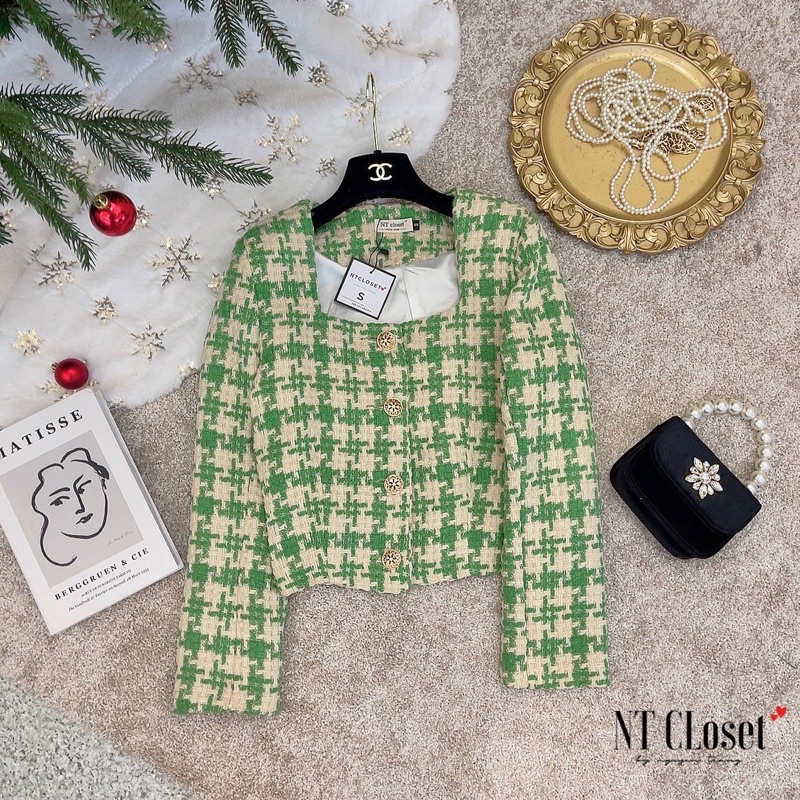 Áo khoác dạ tweed kẻ xanh cổ vuông chuẩn NT closet (sẵn) | BigBuy360 - bigbuy360.vn