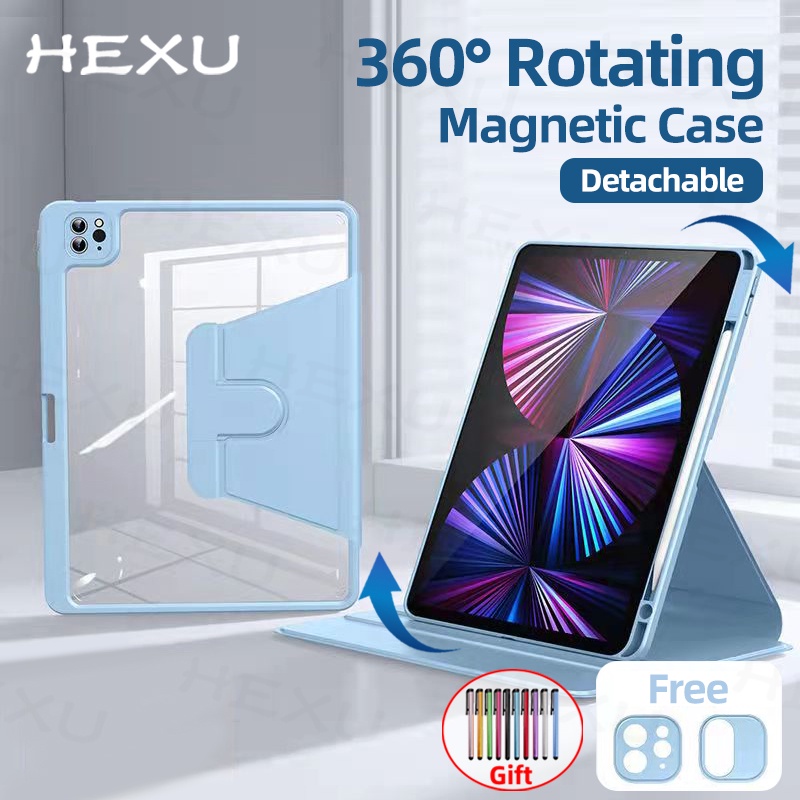 Hexu 360° Bao Da Máy Tính Bảng Trong Suốt Dạng Xoay Có Ngăn Đựng Bút Cho IPad Pro 11 12.9 2021 Air5 Air4 10.9 2022 Mini6 7th 8th 9th Gen 10.2 Inch 2020 2018 Giá Đỡ
