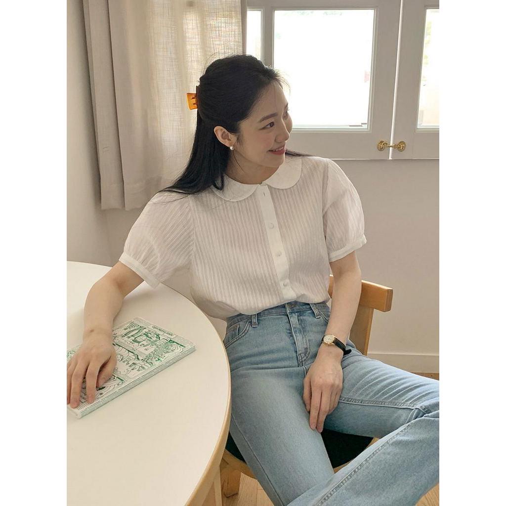 Áo Sơ Mi Vải Jacquard Trắng Tay Ngắn Dáng Rộng Thời Trang Mùa Hè 51353