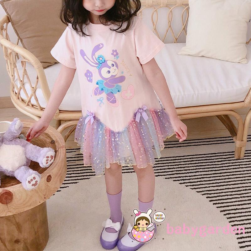 Đầm chữ A tay ngắn in họa tiết thỏ hoạt hình đính kim sa phối lưới dễ thương cho bé gái