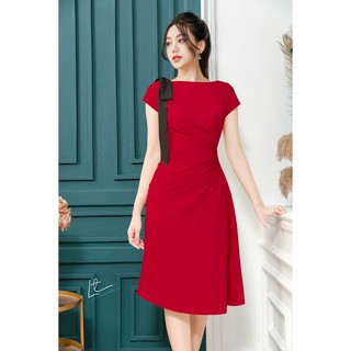 Đầm xoè cổ thuyền Lyntran Design dún eo kết nơ vai sang trọng