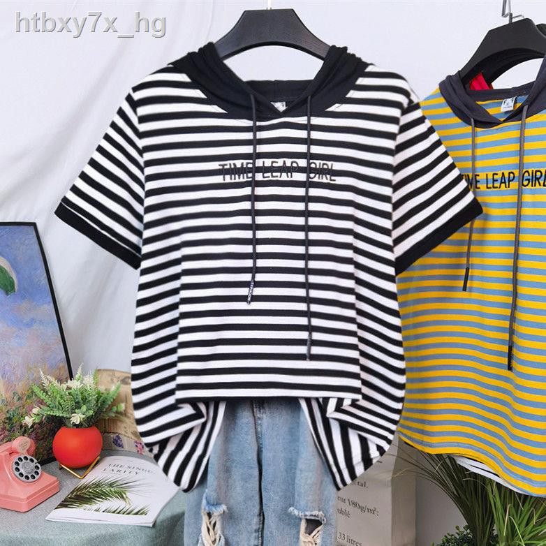 váy bodyváy suông☄✾Áo chui đầu nữ mùa hè ngắn tay rộng rãi 2021 hoodie mỏng mới của phụ sọc xuân và thu