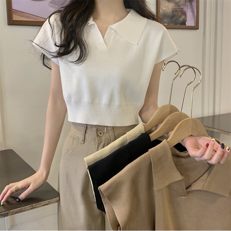 Áo Croptop Nữ Chất Len Dệt Kim Tay Ngắn Hàng Quảng Châu Cao Cấp Ailee