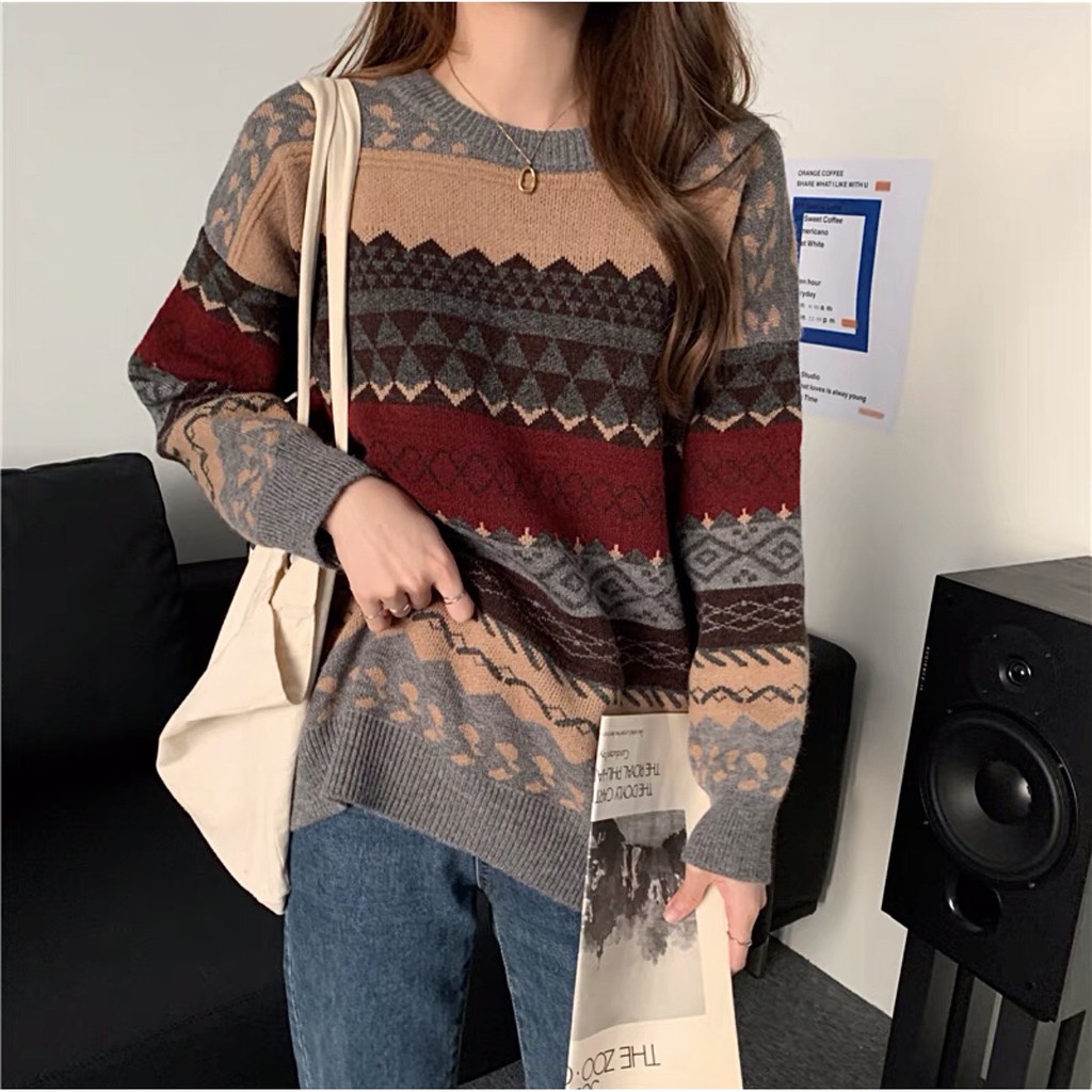 [Ảnh thật] Áo len thổ cẩm 3 màu form rộng ulzzang