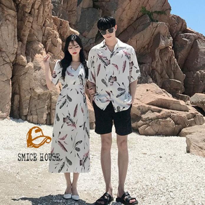 SET ĐỒ ĐÔI NAM NỮ, ÁO CẶP HOA LÁ ĐI BIỂN PHONG CÁCH HÀN QUỐC ÁO SƠ MI ĐẦM MAXI .