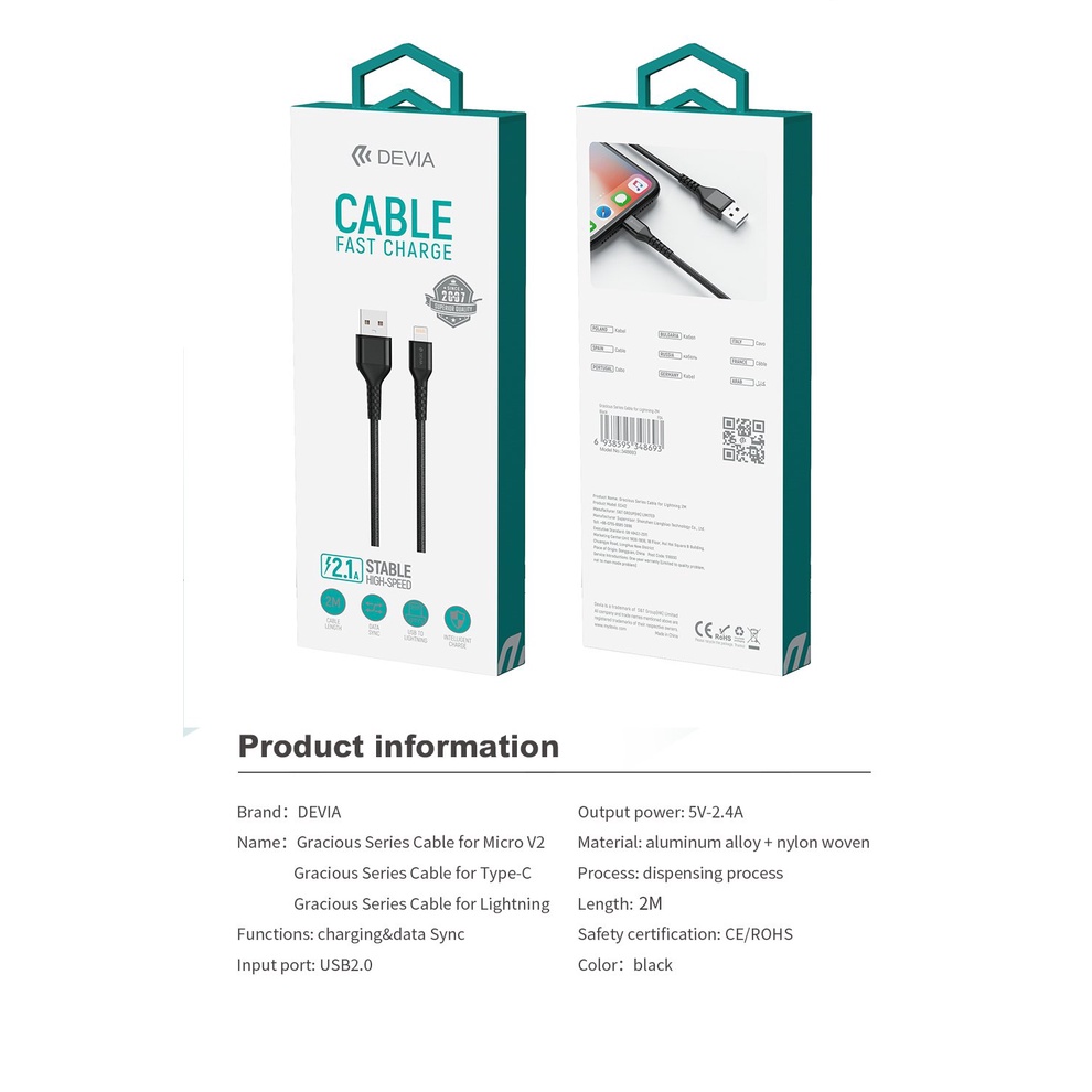 Dây cáp sạc IP DEVIA Gracious Series tốc độ 2,4A dây dù siêu bền - Hàng chính hãng, bảo hành 12 tháng