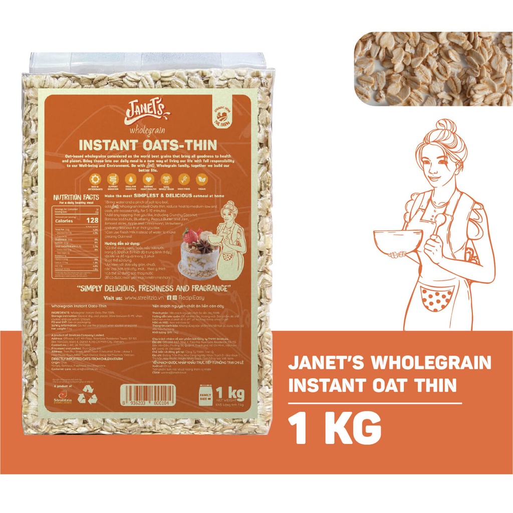 Yến mạch nguyên chất ăn liền Janets 1kg Chile, loại cán dày và cán mỏng