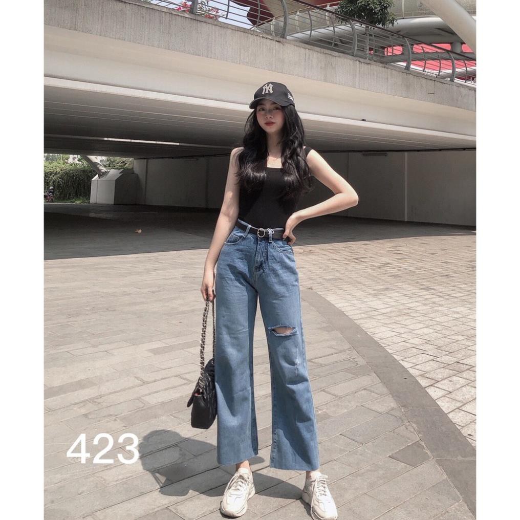 QUẦN JEAN DÀI ỐNG RỘNG LƯNG CAO RÁCH - QUẦN BÒ NỮ CULOTTES SUÔNG T 67 xịn