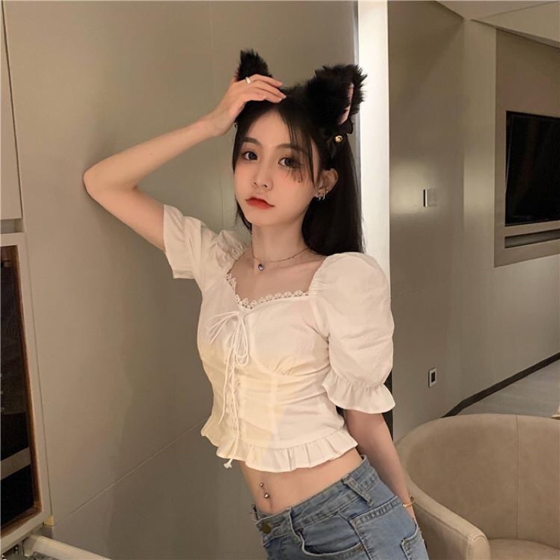 Áo Croptop trễ vai kiểu cổ vuông tay ngắn bồng mẫu mới đẹp mã QD071