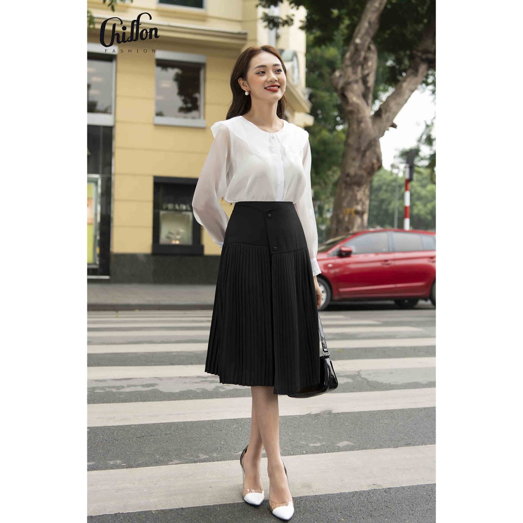 Thiết kế mới Chiffon_Chân váy dập ly 2 cúc