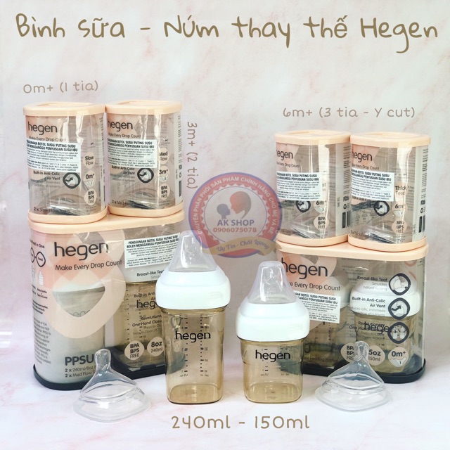 Núm ti thay thế bình sữa Hegen 0m+, 3m+, 6m+ và Y cắt 6m+